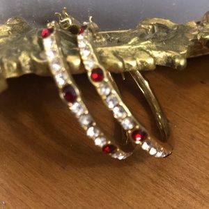 Gold tone faux ruby and diamond hoop earrings